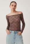 Cotton On Shae Lace Off The Shoulder Long Sleeve - Dark Mauve