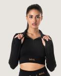 Ribbed Statement Zip-up Long Sleeve- Black - Medium