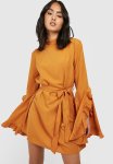 Boho High Neck Wide Sleeve Shift Dress - Orange
