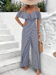Striped Spaghetti Strap Jumpsuit Vacation Style Ruffle Trim Straight Leg Jumpsuit For Spring & Summer Women's Clothing