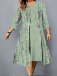 Plus Size Elegant Spring & Summer Dress Set Floral Print Open Front Top & Solid Color Crew Neck Sleeveless Dress Outfits Women's