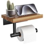 Tindbea Toilet Paper Holder With Wood Shelf Wooden Wall Mount Tissue Paper Roll Holder Matte Black Stainless Steel Bathroom Acce