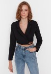 Crop Woven Lined Double Breasted Closed Blazer Jacket - Black