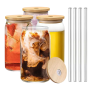Can-shaped Glasses With Bamboo Lids & Straws - 4 Piece 480ML