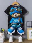 Boys 2-PIECE Summer Set Cartoon Cool Bear Print Crew Neck Short Sleeve Tee + Matching Shorts Casual Co Ord Set