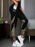 Yoga Sports Leopard Mesh Splicing Pockets Butt Lifting Waist Cropped Pants Trousers Women's Clothing