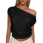 Sueer One Shoulder Sequin Sparkly Tops For Women Asymmetrical Batwing Sleeve Glitter Knit Pullover Party Clubwear Outfits Black