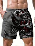 Men's Skull Print Shorts With Pockets Casual Breathable Elastic Waist Drawstring Shorts For Outdoor