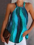 Irregular Striped Print Halter Blouse Vacation Style Sleeveless Loose Tie Neck Blouse Women's Clothing