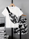 2PCS Boys Casual Camo Bag Pattern Graphic Print Short Sleeve T-Shirt & Camouflage Shorts Set Comfy Summer Boys Clothes