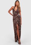 Chiffon Leopard Cowl Maxi Dress - Chocolate