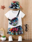 4-PIECE Baby Boy's Trendy Outfit Set Short Sleeve White T-Shirt Monster Cartoon Print Shorts Coordinating Hat & Crossbody Bag