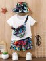 4-PIECE Baby Boy's Trendy Outfit Set Short Sleeve White T-Shirt Monster Cartoon Print Shorts Coordinating Hat & Crossbody Bag