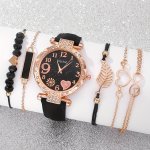 6PCS SET Women's Cute Heart Rhinestone Quartz Watch Analog Pu Leather Wrist Watch & Bracelets Valentines Gift For Her