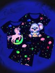 A Set Of 2 Pcs Little Girls Pajama Sets Short Tshirt & Shorts For Little Girls Featuring Fluorescent Cartoon Printed Unicorn Koa