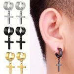 3PAIRS Punk Style Cross Pendant Hoop Earrings For Men