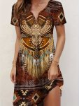 Ethnic Print Notched Neck Dress Vacation Style Short Sleeve A-line Dress For Spring & Summer Women's Clothing