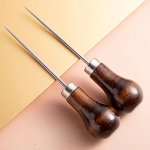 Wooden Handle Gourd Awl With Steel Needle For Leather Punching And Diy Handmade Crafts - 1PC