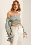Off Shoulder Puff Sleeve Cotton Blouse - Dusty Blue