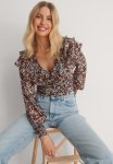 Opel Open Back Frill Blouse - Black flower Print