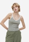 Lace-trimmed Ribbed Vest Top - Light Khaki Green Floral