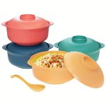 38OZ Large Capacity Casserole-style Bowl Set With Lid & Long Soup Spoon - Scratch-resistant Striped Plastic Ramen Bowls For Stud