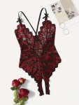 Hot Deep V Lace Pattern See-through Cross Strap Backless Open Crotch Bodysuit Women's Sexy Lingerie