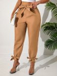Plus Size Solid Straight Leg Pants Elegant Bow Elastic Drawstring Waist Pants For Spring & Summer Women's Plus Size Clothing