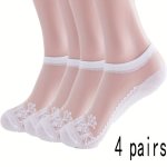 4 Pairs Solid Floral Lace Socks Comfy & Lightweight Sheer Invisible Socks Women's Stockings & Hosiery