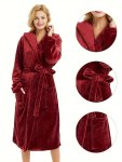 Casual Solid Plush Thickened Night Robe For Fall & Winter Long Sleeve Hooded Loose Fit Robe With Pockets Women's Sleepwear & Dre