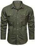 Men's Solid Long Sleeve Cargo Shirts With Chest Pockets Breathable Cotton Shirts For Outdoor Hiking And Working Spring And Fall