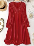 Plus Size Casual Dress Women's Plus Rhinestone Decor Long Sleeve V Neck Loose Fit Dress
