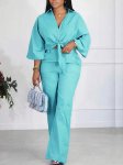 Plus Size Solid Two-piece Set Long Sleeve Buttons Top & Wide Leg Pants Outfits Women's Plus Sizeclothing