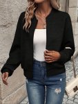 Solid Zip-up Textured Jacket Casual Long Sleeve Jacket For Fall & Winter Women's Clothing