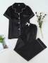 Elegant Fields 2PCS Satin Solid Color Pajama Set Short Sleeve Lapel Top And Bowknot Long Pants Women Sleepwear Loungewear