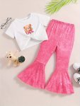 2PCS Girl's Cute Knot Front Bear Graphic Short-sleeve Tee + Bell-bottom Pants - Comfy Fit And Cute Design - Spring & Summer Clot