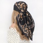 89.99CM Vintage Black Print Square Scarf Stylish Silk Like Satin Shawl Casual Outdoor Sunscreen Headscarf