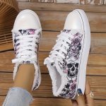Women's Skull Pattern Canvas Sneakers Low-top Round Toe Lace-up Halloween Shoes Comfortable Footwear For Music Festivals