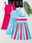 3PCS Sweet Cami Dress Set Girls Stretchy Leopard Print Striped Sleeveless Dresses For Summer Holiday Party