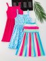 3PCS Sweet Cami Dress Set Girls Stretchy Leopard Print Striped Sleeveless Dresses For Summer Holiday Party