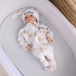 Baby Grow With Beanie And Bow Navy And Grey Lion Moon Sleeping