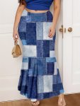 Plus Size Patchwork Print Skirt Elegant Mermaid Skirt For Spring Women's Plus Size Clothing