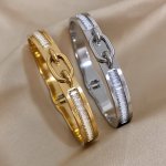 1PC Punk Stainless Steel Lock Buckle Cubic Zirconia Bangles Bracelets For Men Women Fashion Jewelry Gifts Suitable For Valentine