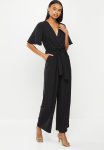 Tie Front Wrap Long Pant Jumpsuit - Black