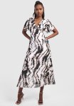 Abstract Chiffon Angel Sleeve Midaxi Dress - Brown