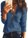 Ribbed Zip Front T-Shirt Casual Long Sleeve Top For Spring & Fall Women's Clothing