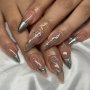 24PCS Glossy Medium Long Almond Fake Nails Nude Press On Nails With Silvery Stripe Design Sweet Cool False Nails For Women Girls