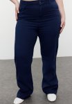 High Waist Tube Leg Denim Trousers - Navy Blue