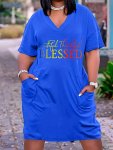 Plus Size Casual Dress Women's Plus Ombre Letter Print Short Sleeve V Neck Medium Stretch Loose Fit Dress With Pockets