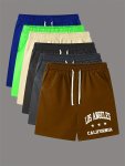 Letter Print Comfy Shorts Men's Casual Slightly Stretch Elastic Waist Drawstring Shorts For Summer Basketball Beach Resort